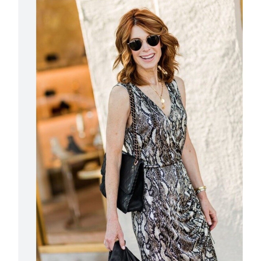 Parker V-neck Ruched Snake Print Midi Cocktail Dress M - Picture 6 of 8